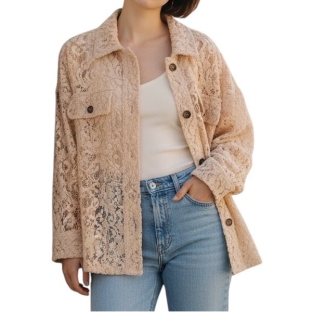 Jaded Gypsy "Sweet Whispers" Lace Button Down Shirt in Tea Stain O/S